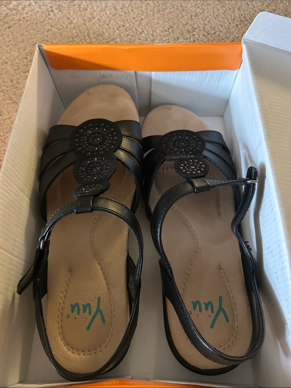 Yuu Black Women's T-Strap Comfort Sandals with Decorative Medallion